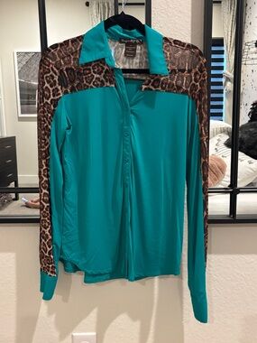 Cowgirl Tuff Teal Button-Down with MeshLeopard Panels